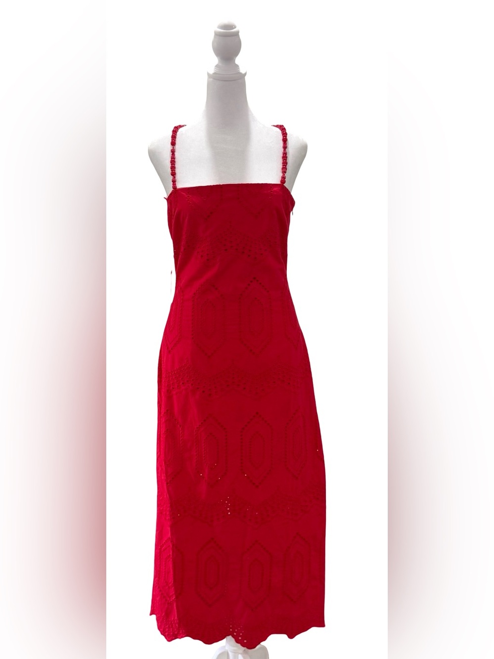 NWT Hyacinth House Red Eyelet Beaded Strap Midi Ibiza Dress Chic Summer Small - Picture 2 of 13